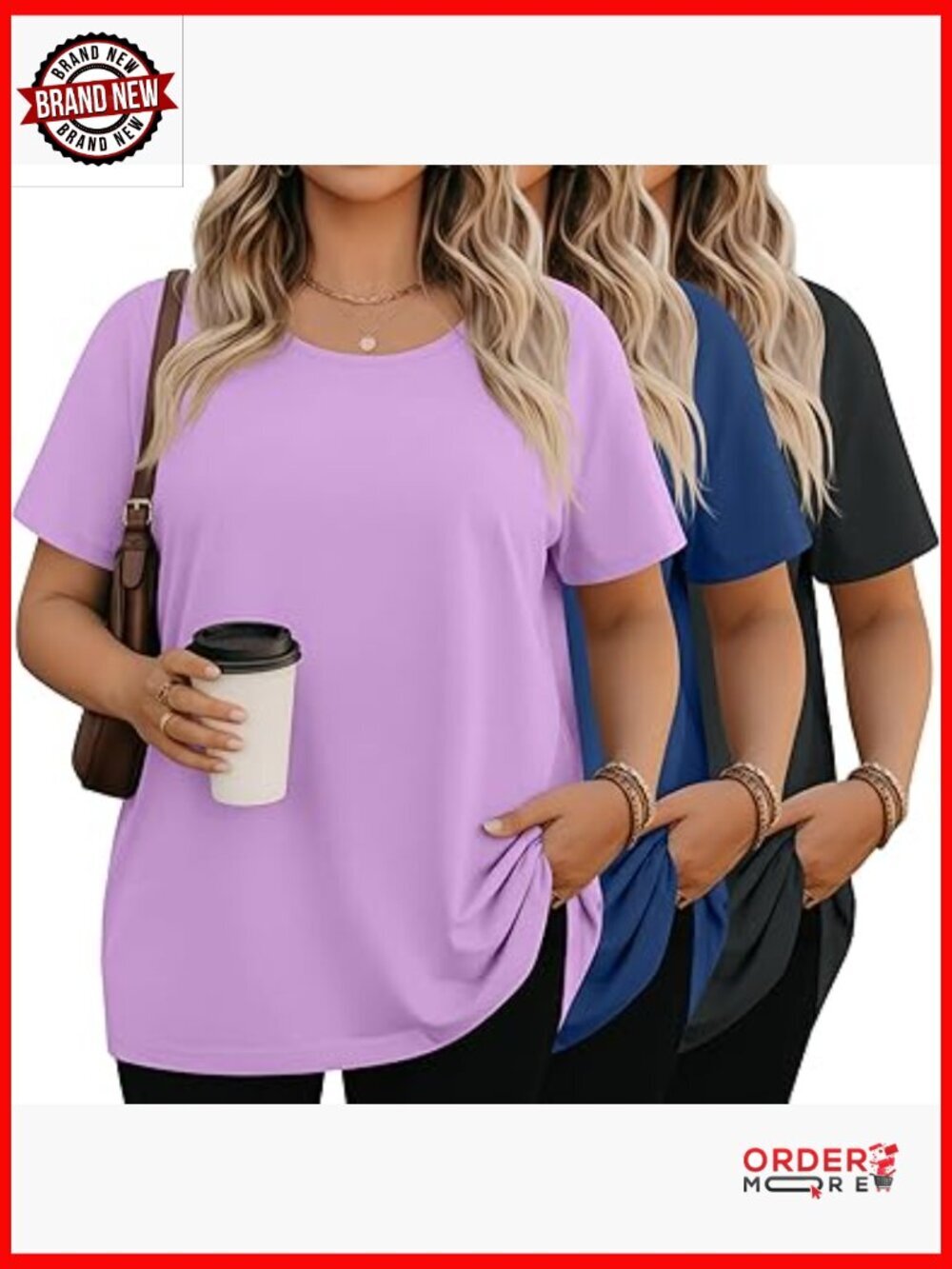 Plus Size Short Sleeve T-Shirts 3-Pack Crew Neck Loose Fit